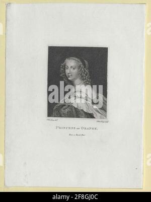 Maria Stuart, princesse d'Angleterre Breastblock, tête moitié de la gauche, corps latéralement de gauche, dos en vue oblique; les cheveux avec des boucles latérales et des effiloches avant, à l'arrière, coulées, entouré à l'arrière avec collier de perles; oreilles et collier de perles; en robe décolée; Montage de la chaîne de décoration sur le manteau autour de l'épaule gauche faisant face; sur le bord inférieur de l'image gauche et droite lat. Désignations, sous la représentation Engl. Legend et Vorlagenverm. Points point par Edward Harding après dessin par Sylvester Harding, sur un Franz. Appui de pression. [PUBL. 1808]. Banque D'Images