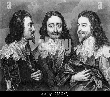 Un triple portrait de Charles I (1600-1649). Né dans la Maison de Stuart, il fut roi d'Angleterre, d'Écosse et d'Irlande du 27 mars 1625 jusqu'à son exécution en 1649. Peinture de Sir Anthony van Dyck (1599-1641), artiste baroque flamand devenu le principal peintre de cour en Angleterre. Banque D'Images