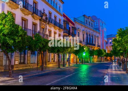 Vue sur une rue à Jerez de la Frontera in Espagne pendant la nuit Banque D'Images