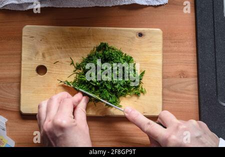 Aneth (Anethum graveolens) sur une planche à découper en bois hachée avec un couteau de cuisine Banque D'Images