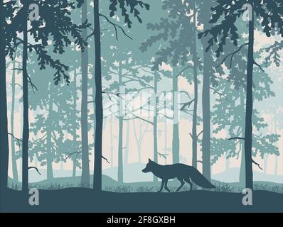 Renard à la demande, arrière-plan de la forêt, silhouettes d'arbres. Paysage magique et brumeux. Illustration bleue Illustration de Vecteur