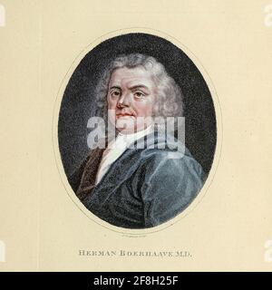 Herman Boerhaave (31 décembre 1668 – 23 septembre 1738) est un botaniste néerlandais, chimiste, humaniste chrétien et médecin de renommée européenne. Il est considéré comme le fondateur de l'enseignement clinique et de l'hôpital universitaire moderne et est parfois appelé « le père de la physiologie », Boerhaave a introduit l'approche quantitative en médecine. Gravure sur plaque de coperplate de l'Encyclopedia Londinensis or, Dictionnaire universel des arts, des sciences et de la littérature; Volume III; édité par Wilkes, Jean. Publié à Londres en 1810 Banque D'Images