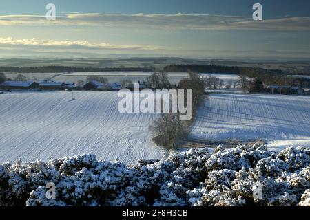 Le lever du soleil de printemps met en évidence les sillons labourés de champs enneigés près de Dryburgh, aux frontières écossaises. Banque D'Images