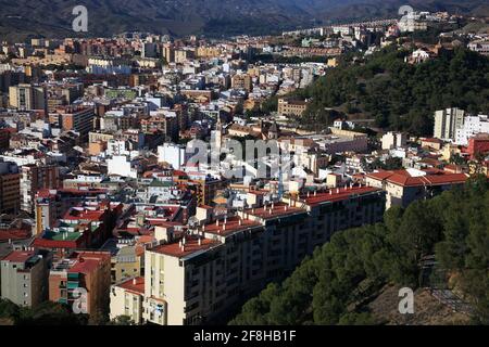 Malaga, vue du château Castillo de Gibsalfaro à une partie de la ville, Espagne, Andalousie Banque D'Images