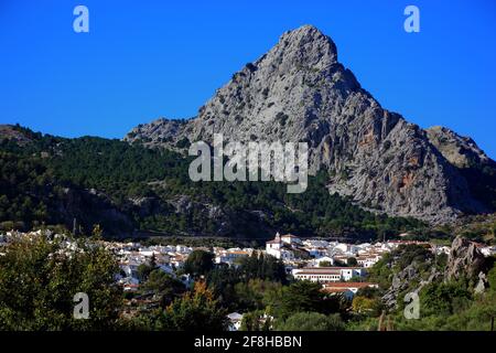 Espagne, Andalousie, ville de Grazalema dans la province de Cadix, à la Ruta de los Pueblos Blancos, rue aux villes blanches d'Andalousie, vue sur le village, i Banque D'Images