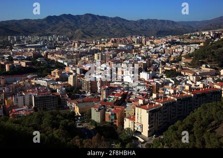 Malaga, vue du château Castillo de Gibsalfaro à une partie de la ville, Espagne, Andalousie Banque D'Images