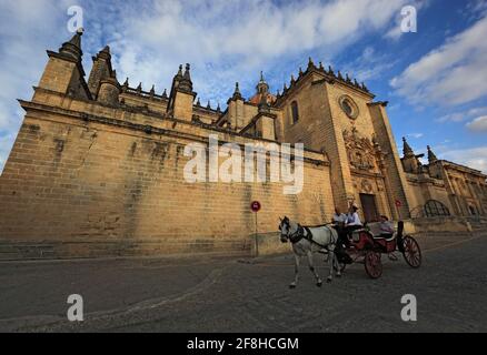 Espagne, Andalousie, Jerez de la frontera dans la province de Cadix, la cathédrale Antigua Colegiata de San Savator et la calèche Banque D'Images