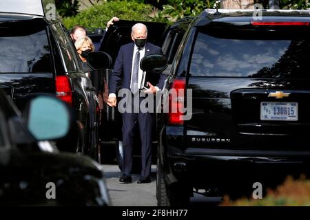 Le président américain Joe Biden et la première dame Jill Biden retournent à la Maison Blanche après une procédure médicale à Washington le 14 avril 2021. Photo par Yuri Gripas/Pool/Sipa USA Banque D'Images