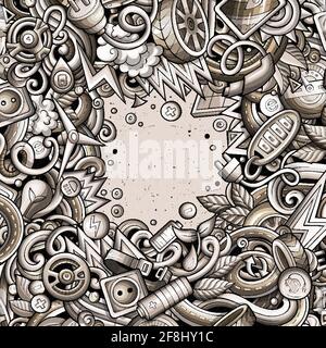 Dessin animé joli gribouillages carte de cadre de véhicule électrique. Monochrome détaillé, avec beaucoup d'objets en arrière-plan. Tous les objets sont séparés. Frontière avec les voitures ECO sym Illustration de Vecteur