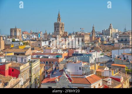 Vue aérienne de Valence avec la cathédrale et Palau de la generalitat, Espagne Banque D'Images