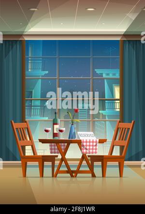 Illustration vectorielle de style dessin animé d'arrière-plan romantique de soirée dans un magnifique restaurant avec table de couple et préparation avec vin verres et bouteille a Illustration de Vecteur