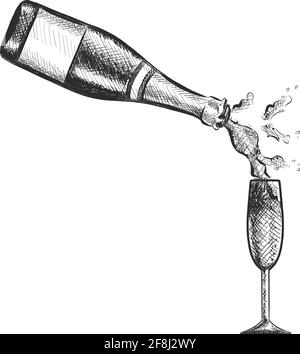 Bouteille de champagne vectorisée à la main dans le verre. Illustration de Vecteur