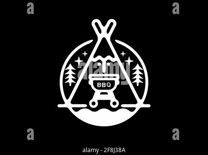 Badge d'art de la ligne de camping barbecue blanc et noir conception Illustration de Vecteur