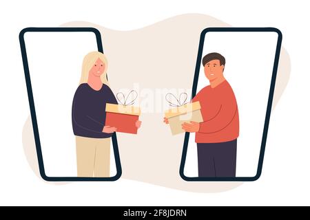 des gens heureux. Offrez-vous des cadeaux. Une femme donne un cadeau à un homme. Le gars donne un cadeau à la fille par téléphone. Surprise de vacances. Célébration de Noël Illustration de Vecteur