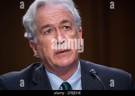 Washington, États-Unis. 14 avril 2021. Le directeur de la CIA, William Burns, témoigne lors d'une audience du Comité spécial du renseignement du Sénat sur les menaces mondiales, à Capitol Hill, à Washington, DC, le 14 avril 2021. (Photo par Pool/Sipa USA) crédit: SIPA USA/Alay Live News Banque D'Images