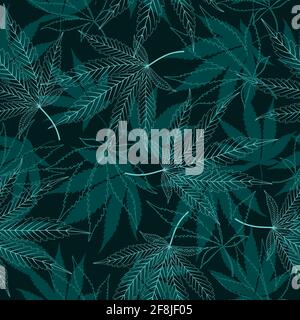 Motif vectoriel sans couture avec feuilles de marijuana médicale, lignes de contour sur fond noir Illustration de Vecteur