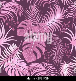 Motif vectoriel tropical sans couture avec feuilles de palmier et fleurs. Fond floral, papier peint jungle. Illustration de Vecteur