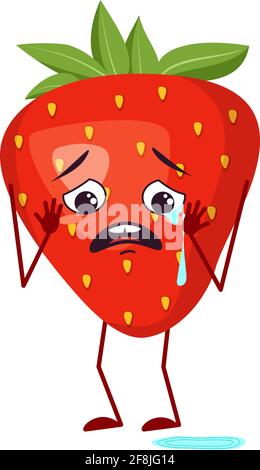 Personnages de fraises mignons avec pleurs et larmes émotions, visage, bras et jambes. Le héros drôle ou triste, les fruits rouges et les baies Illustration de Vecteur
