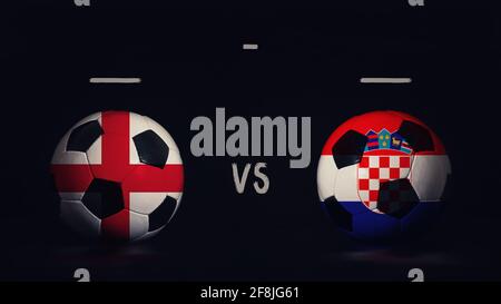 L'Angleterre contre la Croatie Euro 2020 annonce de match de football. Deux ballons de football avec drapeaux de pays, montrant l'infographie du match, isolés sur le backgro noir Banque D'Images