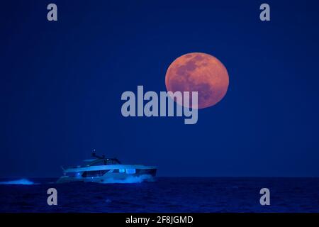 Un yacht navigue sous la pleine lune au large de la côte de fort Lauderdale Beach. Cette lune était la Lune du millepertuis qui est la pleine lune en mars. Banque D'Images