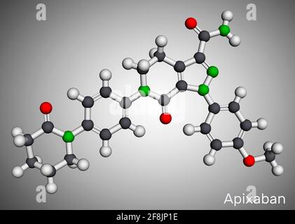 Molécule apixaban. C'est de la pyrazolopyridine, un anticoagulant et un inhibiteur direct du facteur Xa qui est utilisé pour diminuer le risque de thromboses veineuses. Mo Banque D'Images