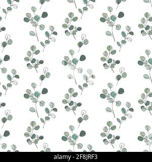 Branches d'eucalyptus dans un style moderne de style art simple ligne, motif sans couture. Dessin de ligne continue, contour esthétique pour textile, emballage, fonds d'écran Illustration de Vecteur