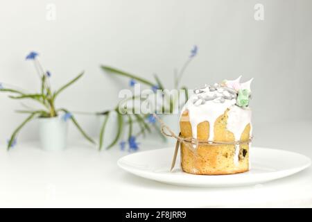 Gâteau de Pâques orthodoxe sur une assiette avec fleurs de printemps une vue de côté de pot sur un fond blanc Banque D'Images