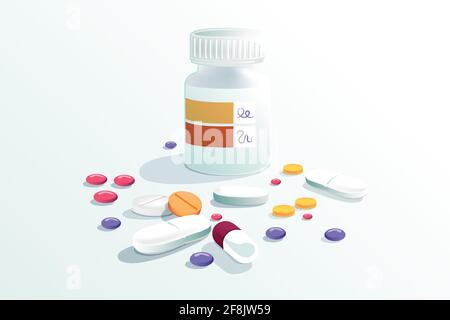 Illustration d'une bouteille avec des pilules et des médicaments Illustration de Vecteur