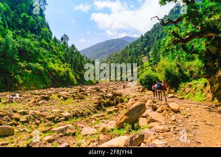 Vue sur la route du sentier de randonnée du lac Prasar à travers le lit de la rivière. Il est situé à une hauteur de 2730 m au-dessus du niveau de la mer entouré par des pics moins élevés de l'himalaya n Banque D'Images