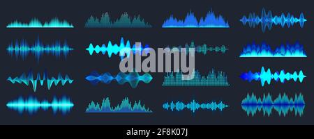 Collection Blue Colorful Sound Waves. Signal audio analogique et numérique. Égaliseur de musique. Enregistrement vocal d'interférence. Onde radio haute fréquence Illustration de Vecteur