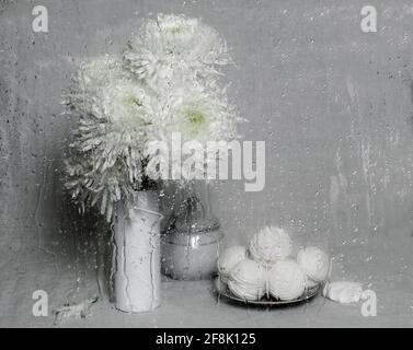 Blanc encore la vie. Fleurs blanches dans un vase blanc avec marshmallows blancs dans une assiette et plats blancs sur fond blanc Banque D'Images