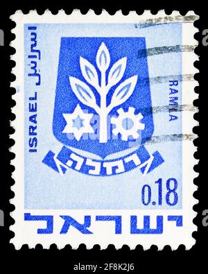 MOSCOU, RUSSIE - 7 OCTOBRE 2019 : le timbre-poste imprimé en Israël montre Ramla, série des emblèmes de la ville (1969-1973), 0.18 lire israélienne, vers 1970 Banque D'Images