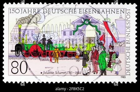 MOSCOU, RUSSIE - 7 OCTOBRE 2019: Timbre-poste imprimé en Allemagne consacré à 150 ans de chemins de fer allemands, série, 80 Pf. - ffennig allemand, vers 1985 Banque D'Images