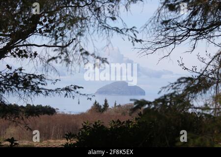 Ecosse, Ayrshire Culzean. 12 avril 2021 l'emblématique Ailsa Craig a vu entre les arbres Banque D'Images