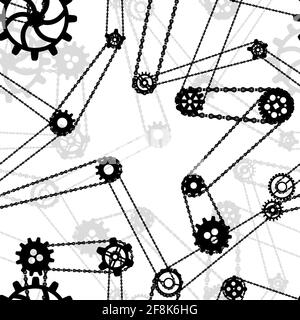 Beaucoup de silhouettes différentes noires de roues dentées reliées par des chaînes de vélo, ancien mécanisme steampunk sans couture modèle sur blanc Illustration de Vecteur