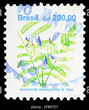 MOSCOU, RUSSIE - 7 OCTOBRE 2019: Timbre-poste imprimé au Brésil montre Flora brésilienne, Jacaranda mimosifolia, Flora série, vers 1991 Banque D'Images