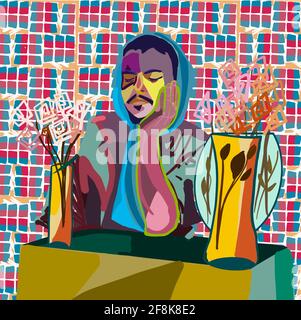 homme de sexe assis à la table avec des fleurs cubisme Banque D'Images