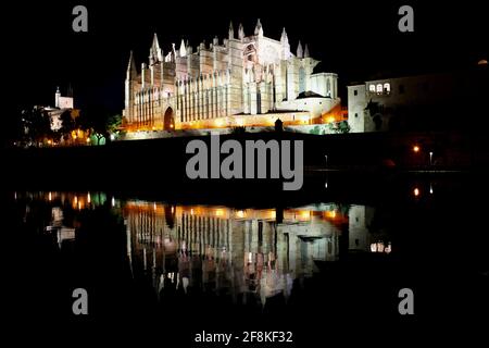 Vue nocturne de la cathédrale de Santa Maria de Palma de Majorque Banque D'Images
