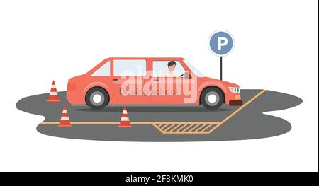 Illustration à plat du vecteur de conduite scolaire. Heureux souriant homme conduisant la voiture jaune et se préparant à passer les examens pour le permis de conduire. Voiture de personnage masculin à des leçons de conduite. Illustration de Vecteur