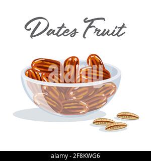 Dates de la fête Iftar. Illustration vectorielle des dattes séchées Ramadan Iftar nourriture sur le bol transparent. Arrière-plan isolé. Conception plate Illustration de Vecteur