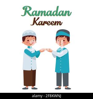Deux enfants se secouent la main pour se pardonner l'un l'autre pour accueillir le mois du Ramadan. Illustration de Vecteur