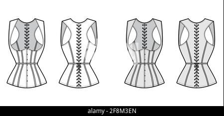 Gilet sans manches corset illustration technique de la mode avec sans manches, fermeture à laçage en cordon dans le dos, coupe près du corps, baleines. Modèle de vêtement plat sur le devant, blanc, gris. Femmes, hommes, unisex top CAD maquette Illustration de Vecteur