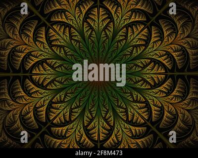 Illustration d'arrière-plan d'ornement fractal motif lumineux sur noir. Illustration en vitraux avec fleurs abstraites, tourbillons et feuilles. Mandala Banque D'Images
