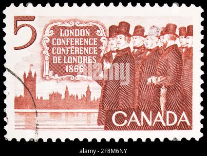 MOSCOU, RUSSIE - 30 SEPTEMBRE 2019 : timbre-poste imprimé au Canada montre la conférence de Londres, 1866, série, vers 1966 Banque D'Images