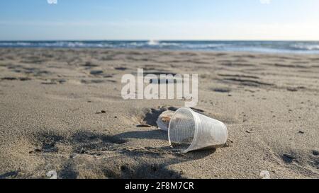 Verre plastique jetable jeté sur l'écosystème de la côte de mer, pollution des déchets de la nature Banque D'Images