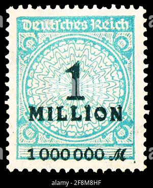 MOSCOU, RUSSIE - 30 SEPTEMBRE 2019 : le timbre-poste imprimé en Allemagne indique la valeur de 'Millionen', série inflation, vers 1923 Banque D'Images