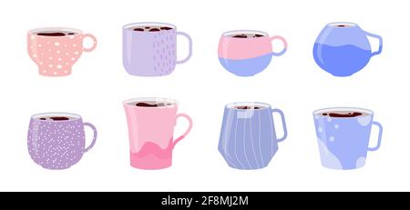 Collection de tasses en céramique rose. Mettez en place des icônes de mugs avec divers ornements remplis de boisson, thé chaud ou café. Doodle abstrait, linéaire, motif en pot sur la tasse. Motif de dessin animé plat. Illustration vectorielle Illustration de Vecteur