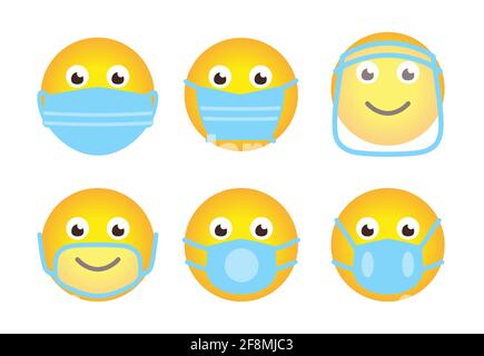 Icônes de visage emoji définies dans le masque médical. Arrêtez COVID-19. Kit émoticône dans différents types de masques de protection. Sourire dans le style de dessin animé signe protéger contre la propagation du coronavirus. Illustration vectorielle isolée Illustration de Vecteur