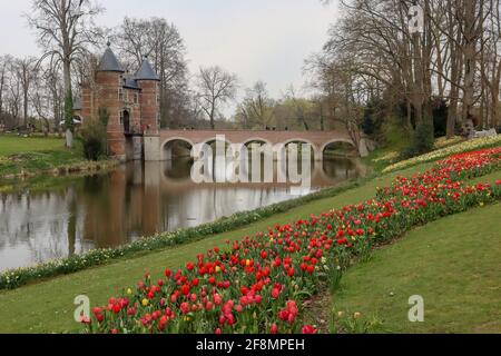 Bruxelles, Belgique. 14 avril 2021. Les gens visitent Floralia Bruxelles, ou la 18e édition de l'exposition internationale des fleurs, au château Grand Bigard près de Bruxelles, Belgique, le 14 avril 2021. L'exposition durera jusqu'au 2 mai. Le parc de 14 hectares présente plus d'un million de fleurs, avec près de 400 variétés de tulipes. Les hyacinthes et les jonquilles sont également bien représentés. Credit: Zheng Huansong/Xinhua/Alay Live News Banque D'Images