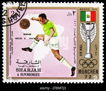 MOSCOU, RUSSIE - 4 OCTOBRE 2019 : timbre-poste imprimé à Sharjah montre le Brésil 1970, série de la coupe Jules-Rimet, vers 1972 Banque D'Images
